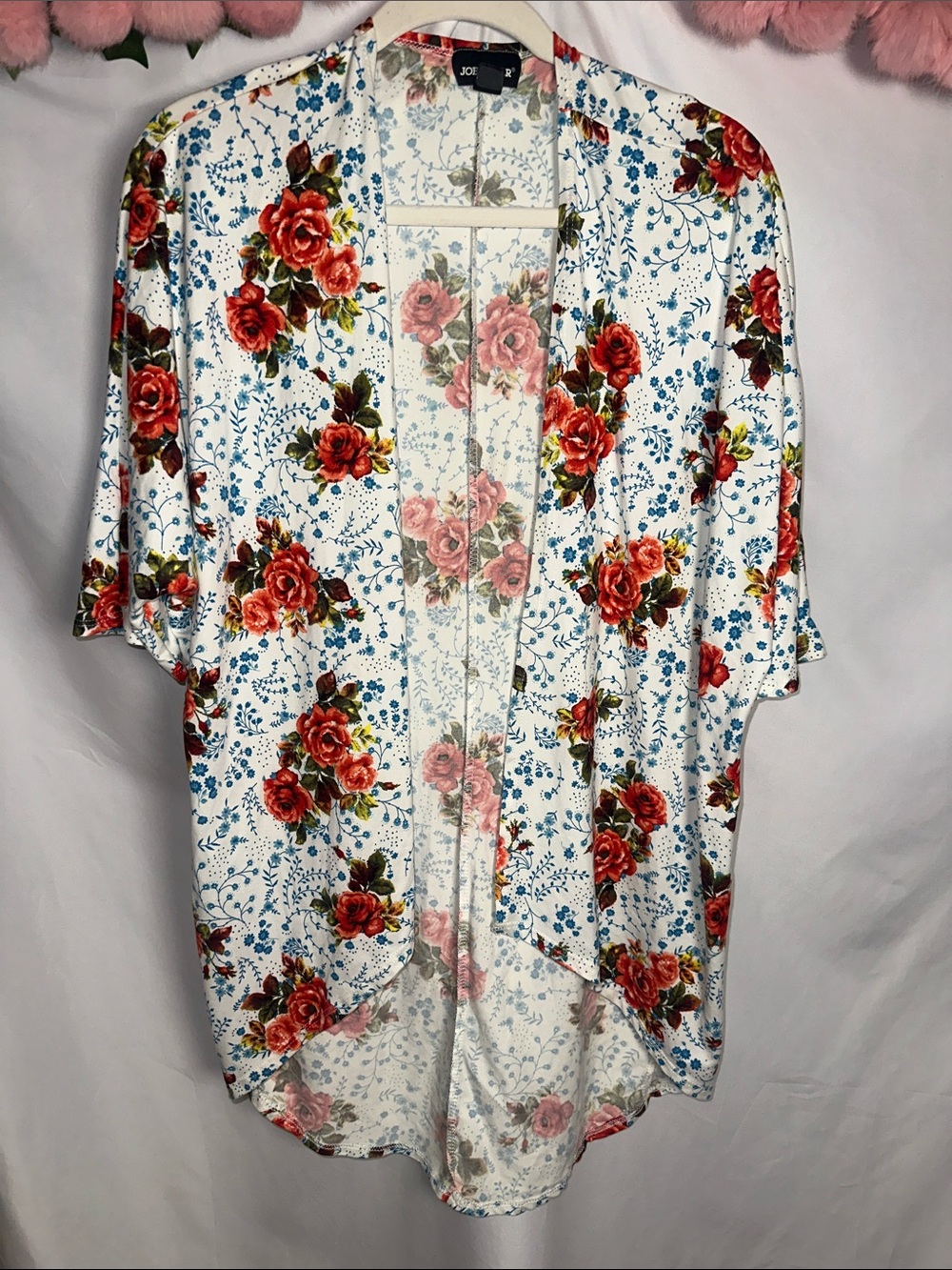 Joe boxer Floral Open Front Kimono - White with Red Rose Print